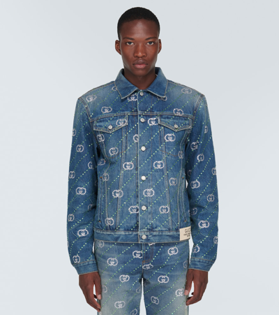 Shop Gucci Interlocking G Crystal-embellished Denim Jacket In Blue
