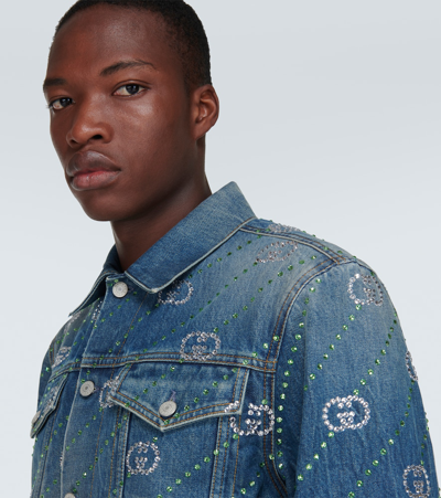 Shop Gucci Interlocking G Crystal-embellished Denim Jacket In Blue
