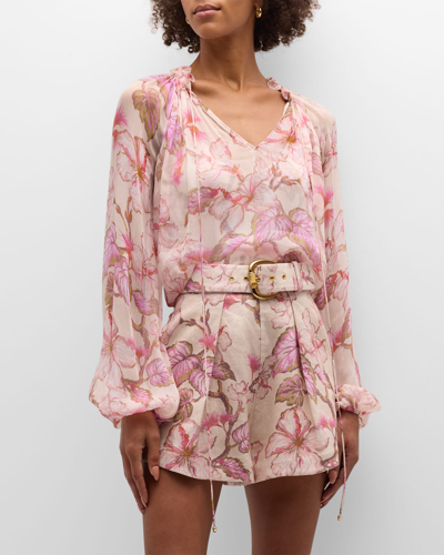 Shop Zimmermann Matchmaker Floral Billow Blouse In Coral Hibiscus