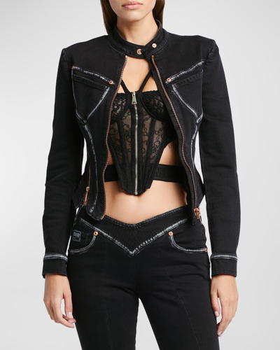 Shop Versace Jeans Couture Zip-front Corset Denim Jacket In E909 Black Black