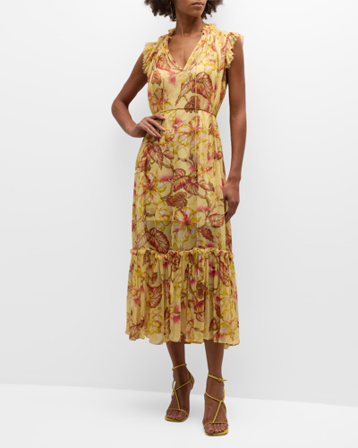 Shop Zimmermann Matchmaker Floral Flutter Midi Dress In Yellow Hibiscus