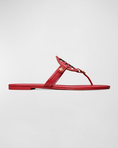 Shop Tory Burch Miller Leather Logo Thong Sandals In Tory Red