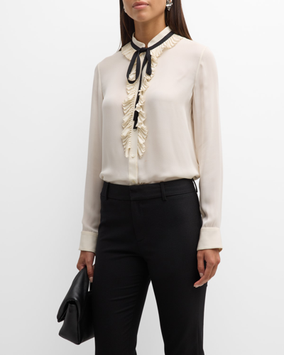 Shop Nili Lotan Bertille Ruffle Contrast-tie Shirt In Ivory