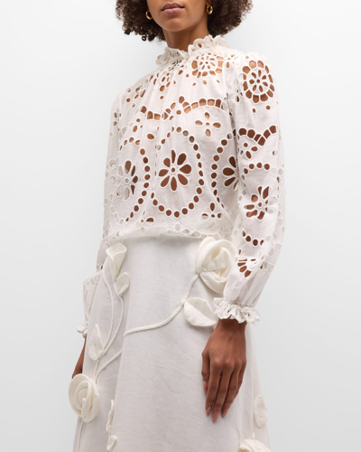 Shop Zimmermann Lexi Long-sleeve Embroidered Blouse In Ivory