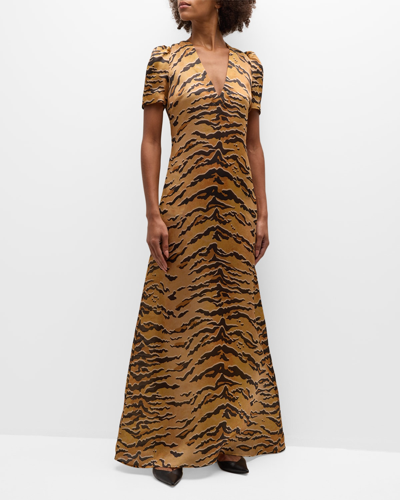 Shop Zimmermann Matchmaker Short-sleeve Maxi Dress In Tan Tiger