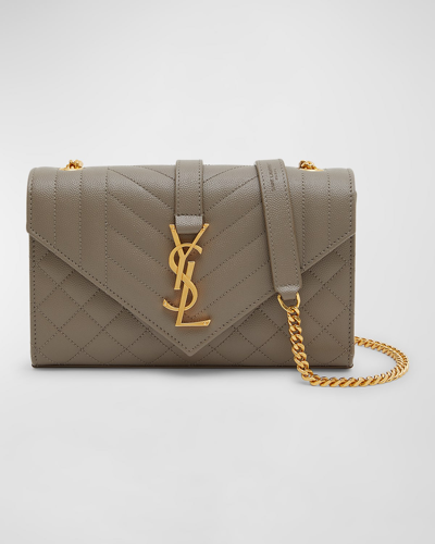 Shop Saint Laurent Envelope Triquilt Small Ysl Shoulder Bag In Grained Leather In Grey Brown