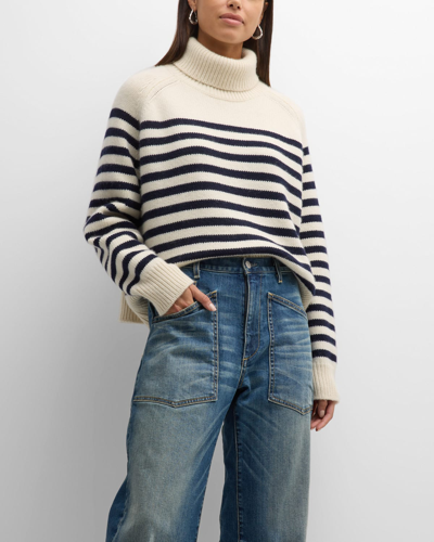 Shop Nili Lotan Gideon Stripe Wool Cashmere Turtleneck Sweater In Ivory/dark Navy S