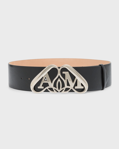 Shop Alexander Mcqueen Wide Leather Belt With Silver Logo Detail In Black