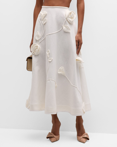 Shop Zimmermann Matchmaker Rose Applique Flare Midi Skirt In Ivory