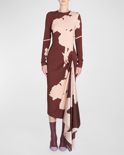 Shop Silvia Tcherassi Ananya Gathered Drape Long-sleeve Midi Dress In Cacao Floral Bree