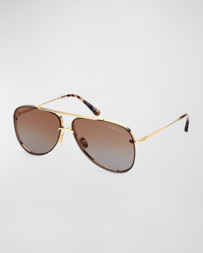 Shop Tom Ford Men's Leon Metal Aviator Sunglasses In Shiny Deep Gold