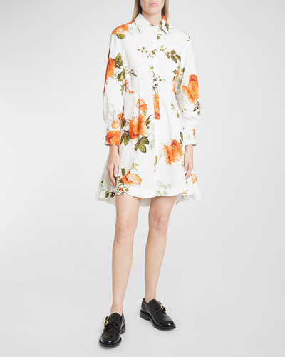 Shop Erdem Floral-print Pleated-back Long-sleeve Mini Shirtdress In White