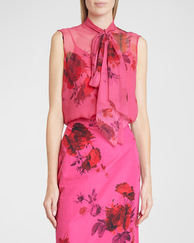 Shop Erdem Floral-print Tie-neck Sleeveless Silk Top In Cerise