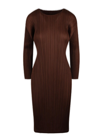 Shop Issey Miyake Leats Please By  Crewneck Pleated Midi Dress In Brown
