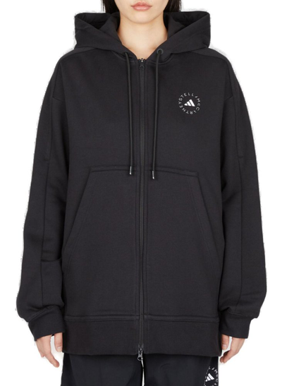 Shop Adidas By Stella Mccartney Logo Printed Zipped Hoodie In Black