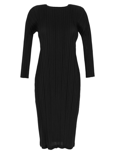 Shop Issey Miyake Leats Please By  Crewneck Pleated Midi Dress In Black