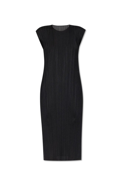 Shop Issey Miyake Pleats Please By  Crewneck Pleated Midi Dress In Black