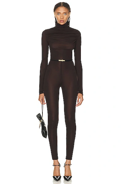 Shop Saint Laurent Turtleneck Jumpsuit In Chocolate