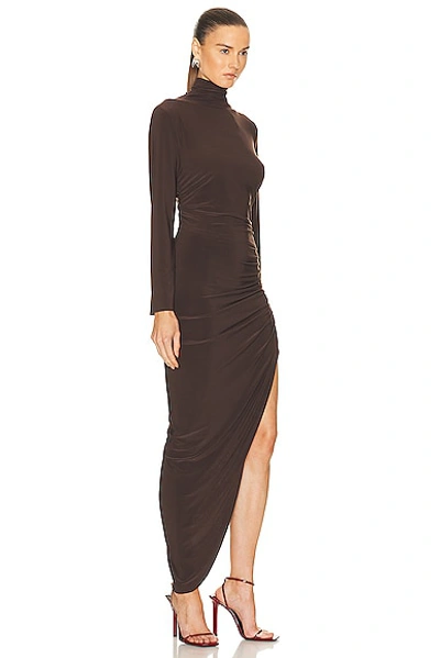 Shop Norma Kamali Long Sleeve Turtleneck Side Drape Gown In Chocolate