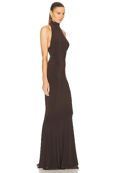 Shop Norma Kamali Halter Turtleneck Fishtail Gown In Chocolate