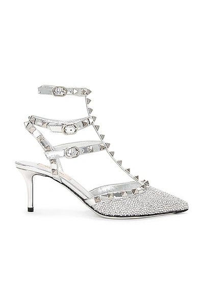Shop Valentino Rockstud Ankle Strap Pump In Crystal  Grigio Perla  & Silver
