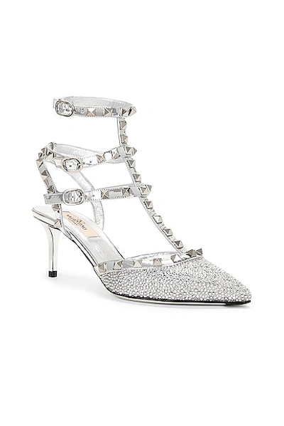Shop Valentino Rockstud Ankle Strap Pump In Crystal  Grigio Perla  & Silver
