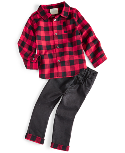 Shop First Impressions Baby Boys Plaid Shirt And Jeans, 2 Piece Set, Created For Macy's In Black Wash