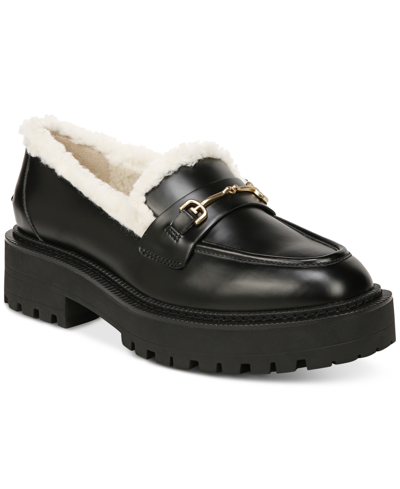 Shop Sam Edelman Women's Laurs Faux-fur Lug-sole Tailored Loafers In Black