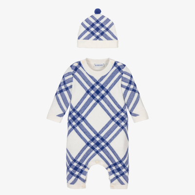 Shop Burberry Blue Check Wool & Cashmere Babysuit Set