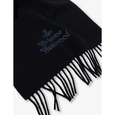 Shop Vivienne Westwood Men's Black Brand-embroidered Fringed-trim Wool Scarf