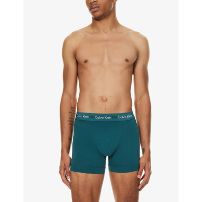 Shop Calvin Klein Mens Multi Branded-waistband Mid-rise Pack Of Three Stretch-cotton Trunks