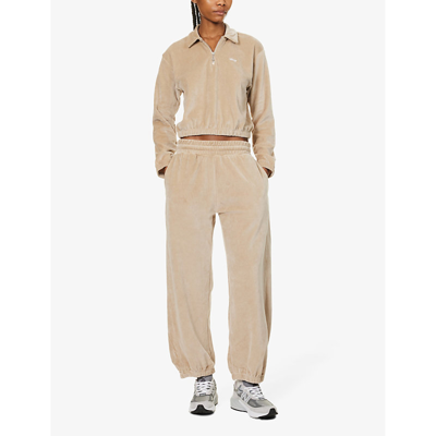 Shop Obey Karina Brand-embroidered Relaxed-fit Cotton-blend Velour Jogging Bottoms In Silver Grey