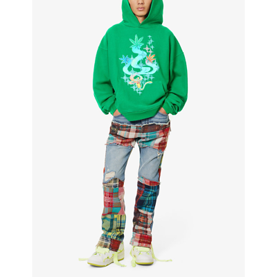 Shop Erl Men's Green Graphic-print Relaxed-fit Cotton-jersey Hoody