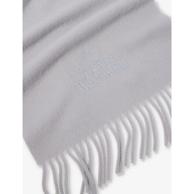 Shop Vivienne Westwood Men's Light Grey Brand-embroidered Fringed-trim Wool Scarf