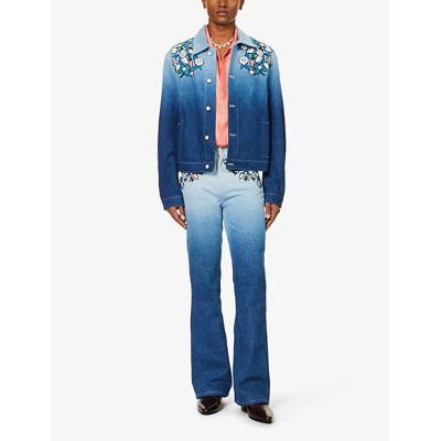 Shop Casablanca Mens Indigo Floral-appliqué Gradient Flared-leg Jeans