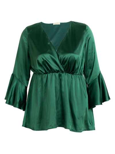 Shop Kiyonna Women's Plus Size Honey Bell-sleeve Satin Top In Emerald Green