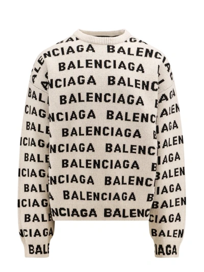 Shop Balenciaga Wool Sweater With All-over Logo In Grey