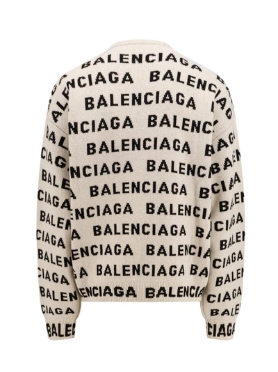 Shop Balenciaga Wool Sweater With All-over Logo In Grey