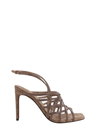 Shop Brunello Cucinelli Suede Sandals With Jewel Application In Brown