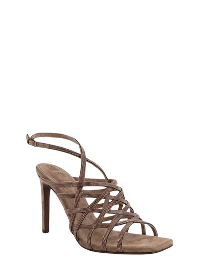 Shop Brunello Cucinelli Suede Sandals With Jewel Application In Brown
