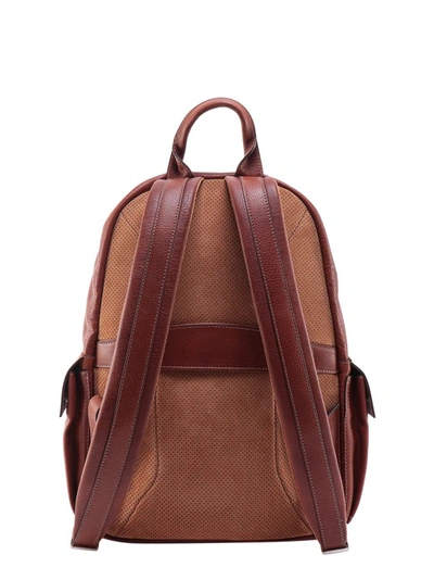 Shop Brunello Cucinelli Leather Backpack With Engraved Logo In Brown