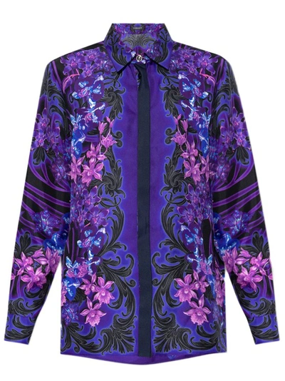 Shop Versace Silk Printed Shirt In Purple