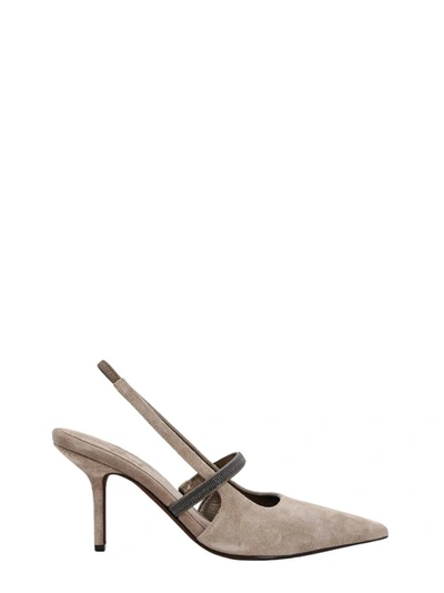 Shop Brunello Cucinelli Suede Slingback With Precious Slingback Detail In Grey
