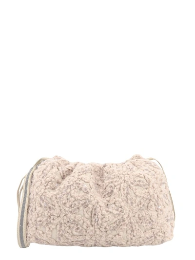 Shop Brunello Cucinelli Virgin Wool Shoulder Bag With Dazzling Flowers Embroidery Motif In Neutrals