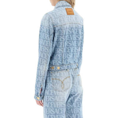 Versace Short Light Blue Jacket With All-over Logo And Branded Buttons In Cotton Denim Woman In Blue