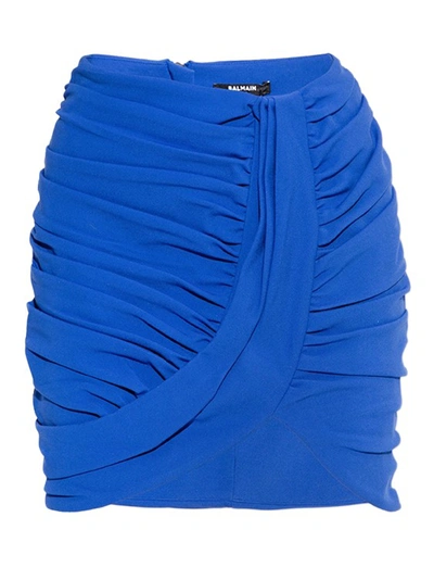 Shop Balmain Mini Draped Skirt In Blue