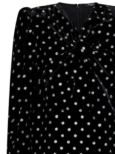 Shop Balmain Black Silver Glitter Polka Dots Velvet Minidress