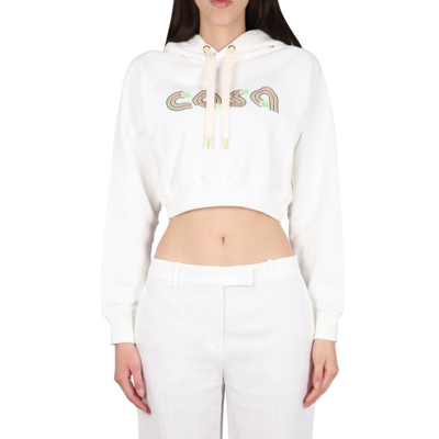 Shop Casablanca Cropped Logo Hoodie Sweatshirt In White