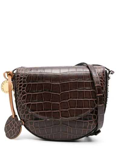 Shop Stella Mccartney Medium Frayme Embossed-crocodile Shoulder Bag In Chocolate Brown