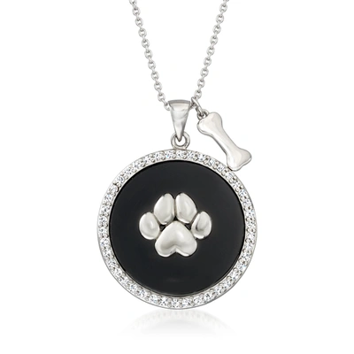 Shop Ross-simons Black Onyx And White Topaz Dog Paw Pendant Necklace In Sterling Silver In Multi